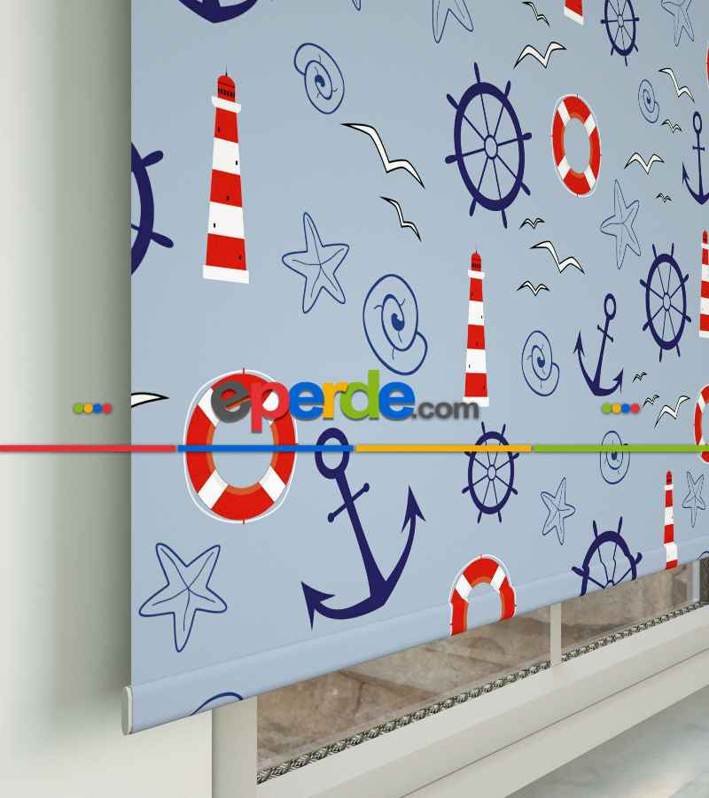 Çocuk Odası Stor Perde - Denizci Desenli Baskılı Stor Perde- Lacivert-Kırmızı
