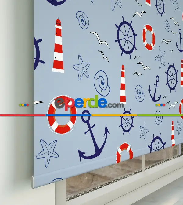 Denizci Desenli Baskılı Stor Perde- Lacivert-kırmızı-çok Renkli