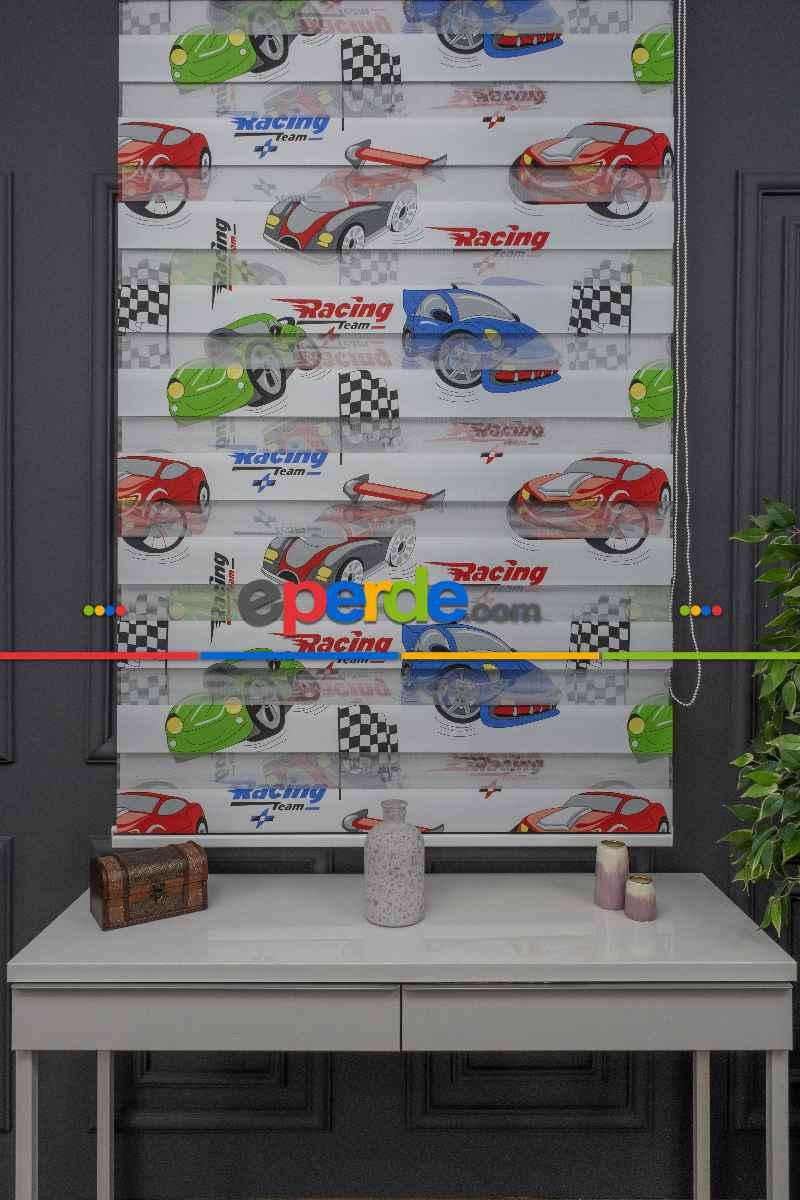 Erkek Çocuk Odası zebra Perde - Dijital Araba Baskılı Zebra Perde - Arabalar Desenli