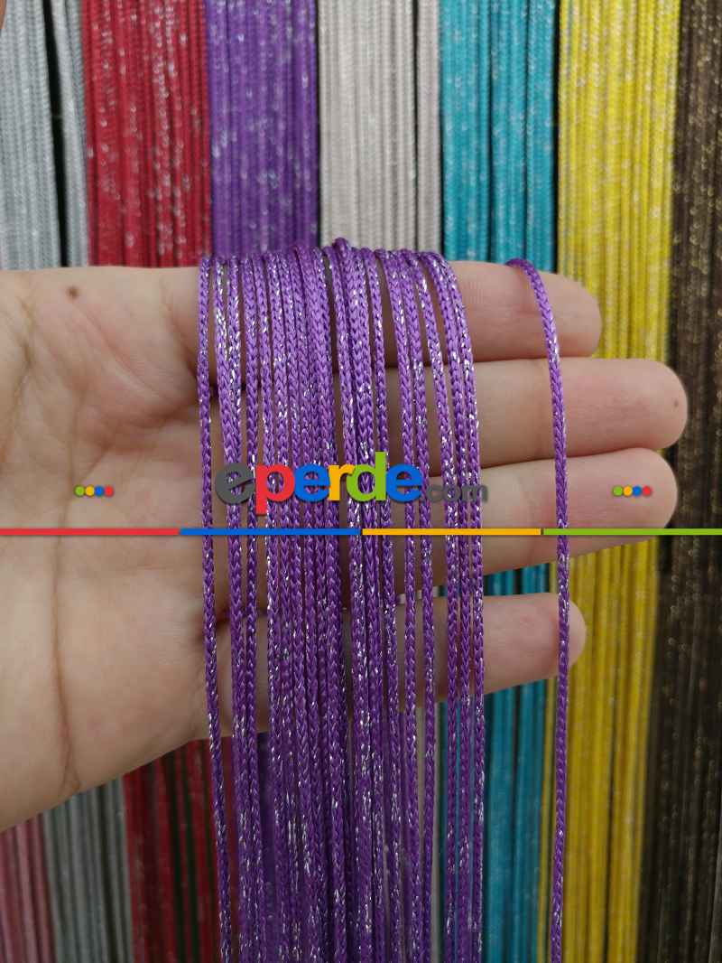 Eflatun Rengi İp Perde Kalın Zincir Simli Serisi- Gümüş-eflatun