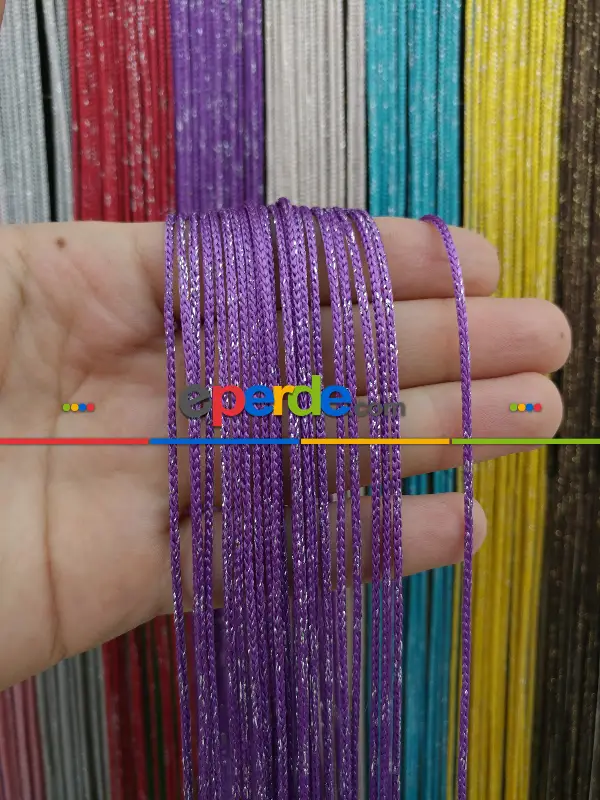 Eflatun Rengi İp Perde Kalın Zincir Simli Serisi- Gümüş-eflatun