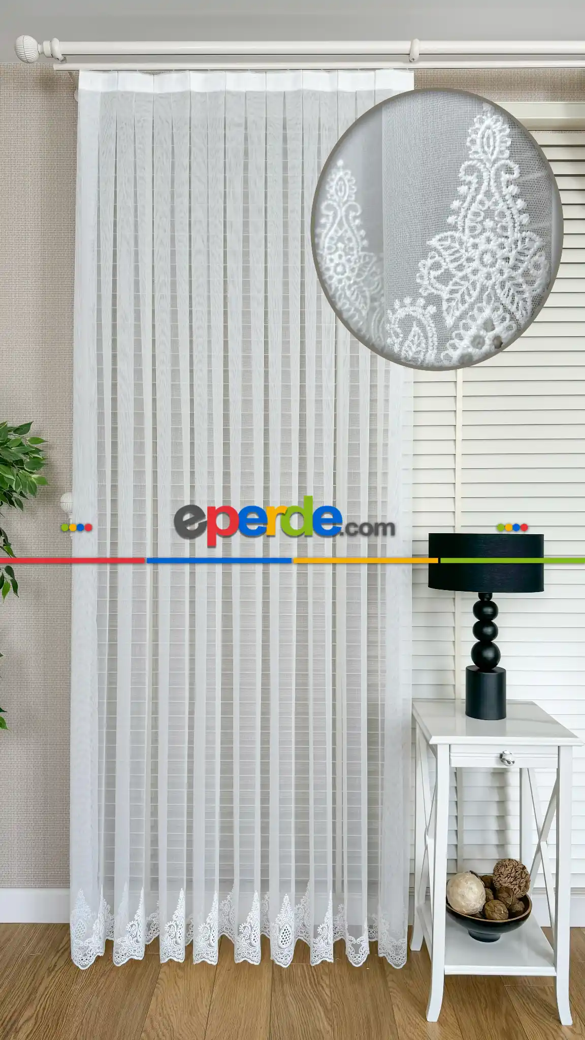 Ekru Etek Ucu Özel İplik Hafif Simli Damask Brode İşlemeli Tül Perde - Ağır Gramajlı Premium Nakışlı