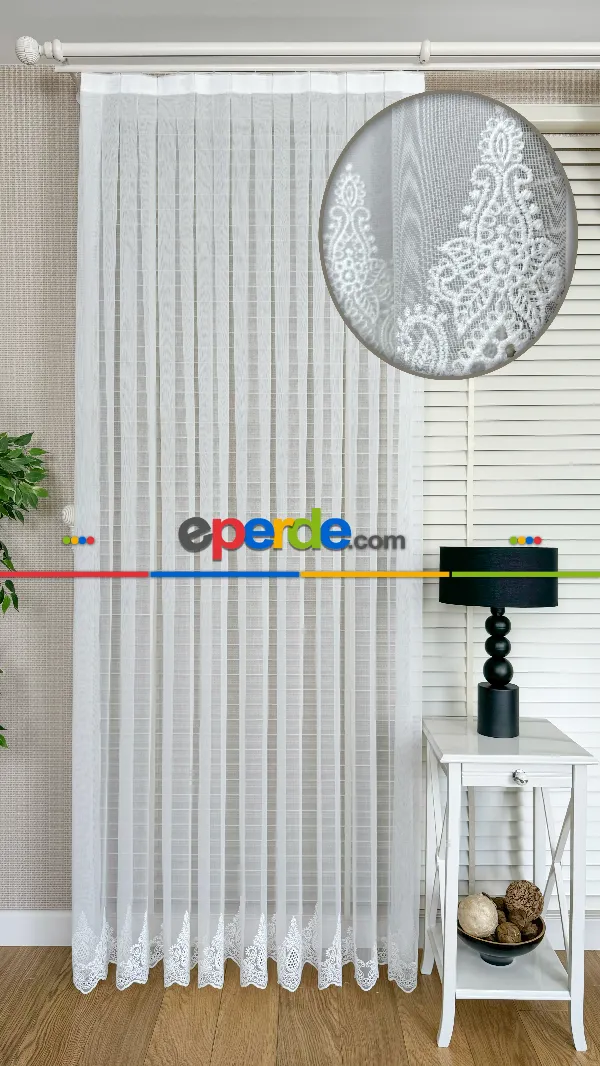 Ekru Etek Ucu Özel İplik Hafif Simli Damask Brode İşlemeli Tül Perde - Ağır Gramajlı Premium Nakışlı