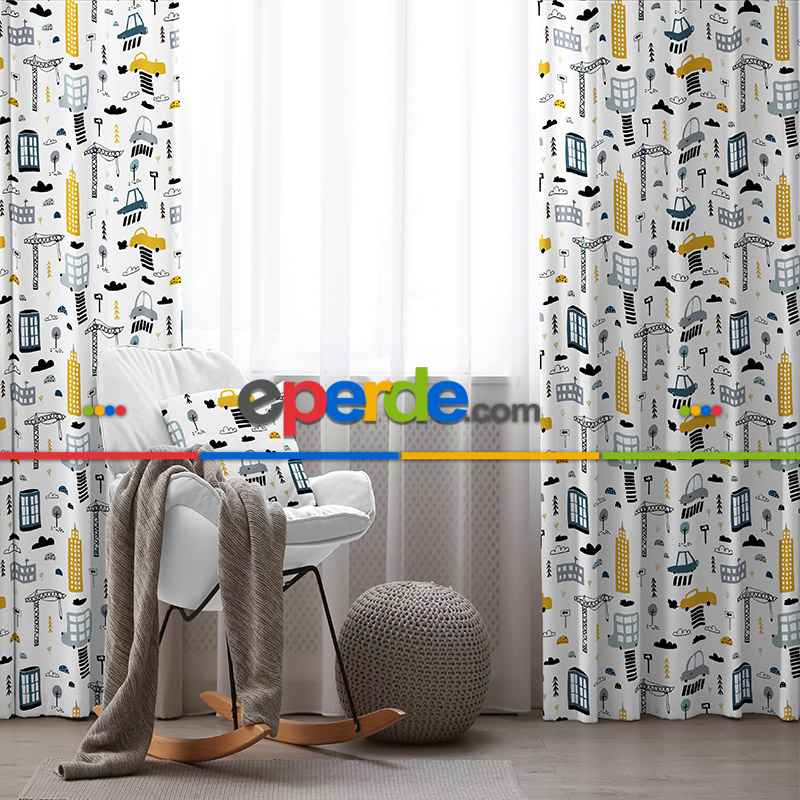 Erkek Çocuk ve Bebek Odası Fon Perde - Desenli - Gri Sarı