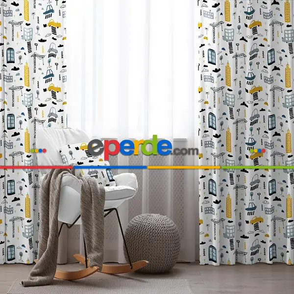 Erkek Çocuk ve Bebek Odası Fon Perde - Desenli - Gri Sarı