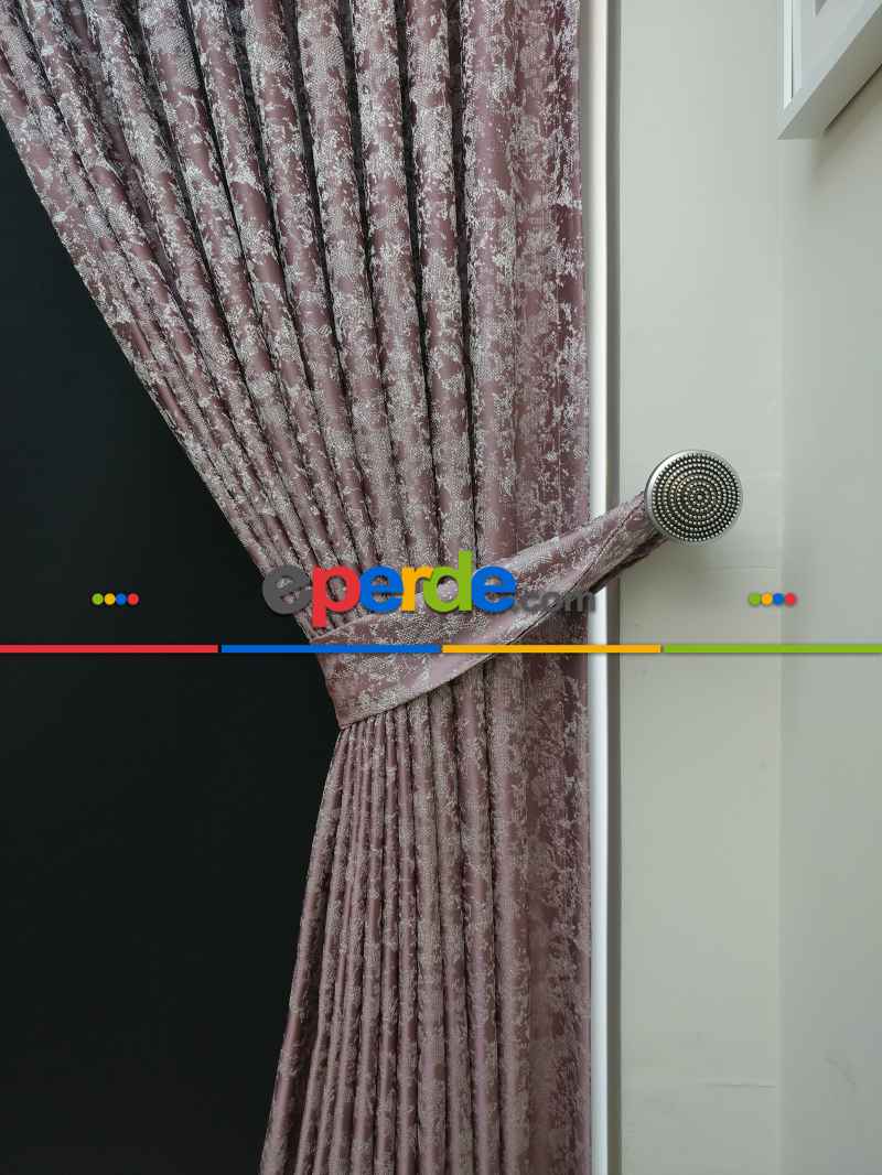 Pudra Krem Desenli Jakar Fon Perde (180cm En)- Pudra