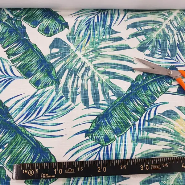 Salon Fon - Tropikal Yaprak Desenli Fon Perde Evm1120 Kumaşı Kalındır Duck Bezi Değildir- Yeşil-Beyaz- Çok Renkli 3