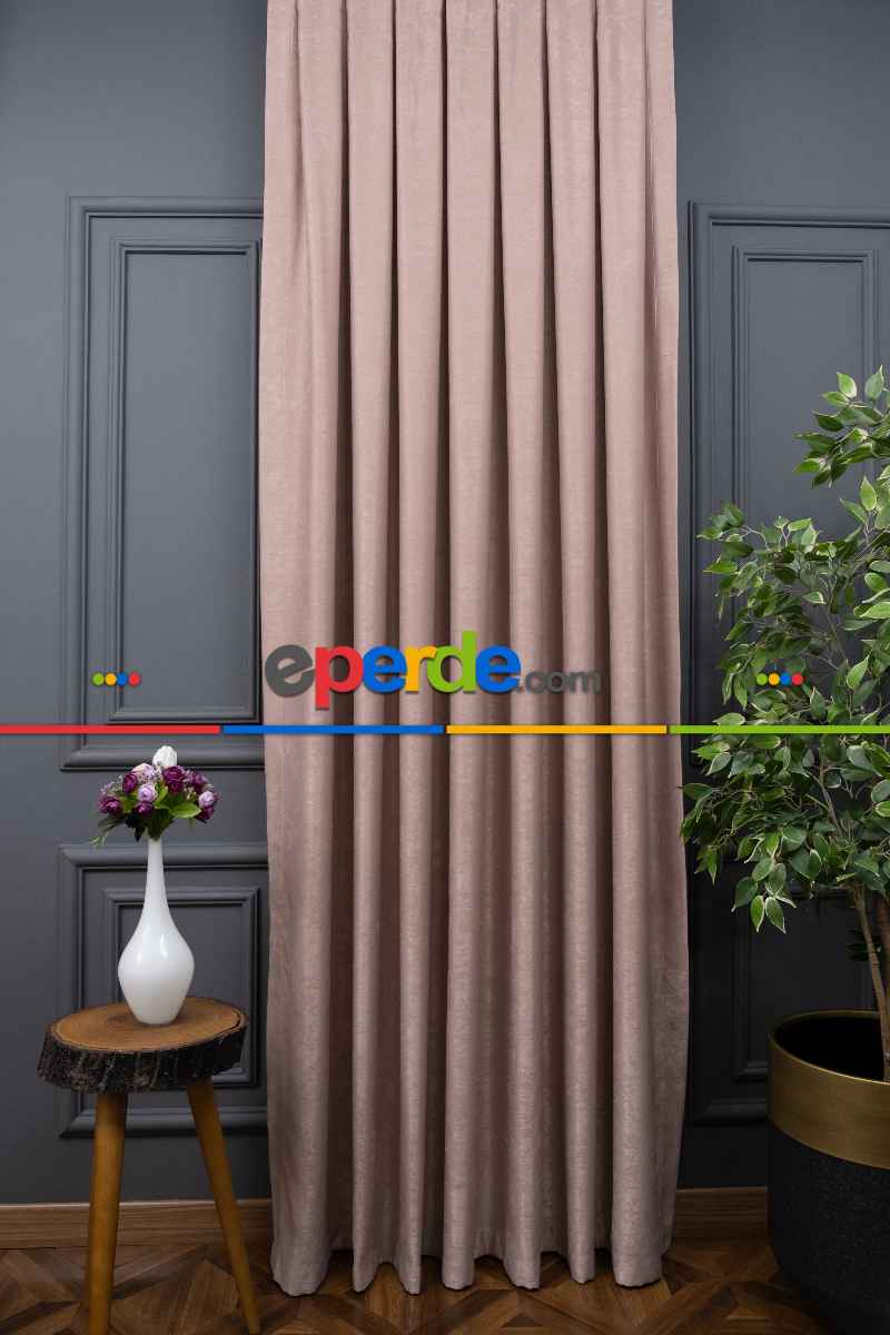 Salon - Soft Fon Perde Pudra Pembesi Dökümlü En - Pembe Pudra Pembe