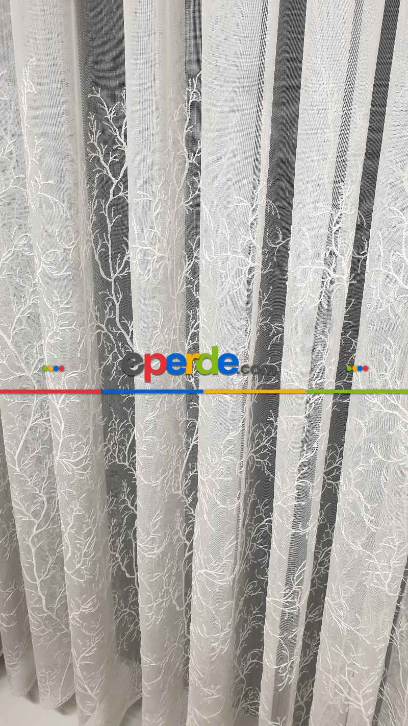 Salon - Selvi İşlemeli Tül Perde- Beyaz