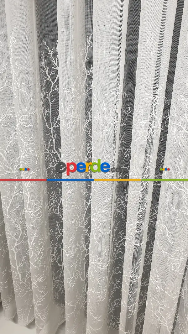 Salon - Selvi İşlemeli Tül Perde- Beyaz