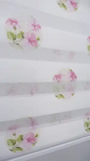 Çiçekli Desen Zebra Perde- Pembe-beyaz Buz Beyazı