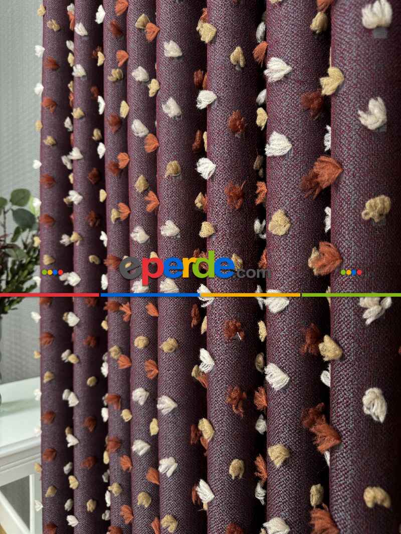 Oturma Odası - Bordo Ponponlu Jakar Dokuma, Premium Kalite Serisi Fon Perde