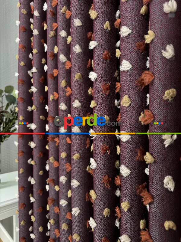 Yatak Odası - Bordo Ponponlu Jakar Dokuma, Premium Kalite Serisi Fon Perde