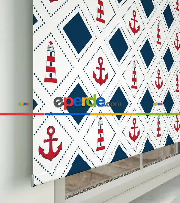 Çapa Desenli Baskılı Stor Perde- Lacivert-kırmızı-çok Renkli