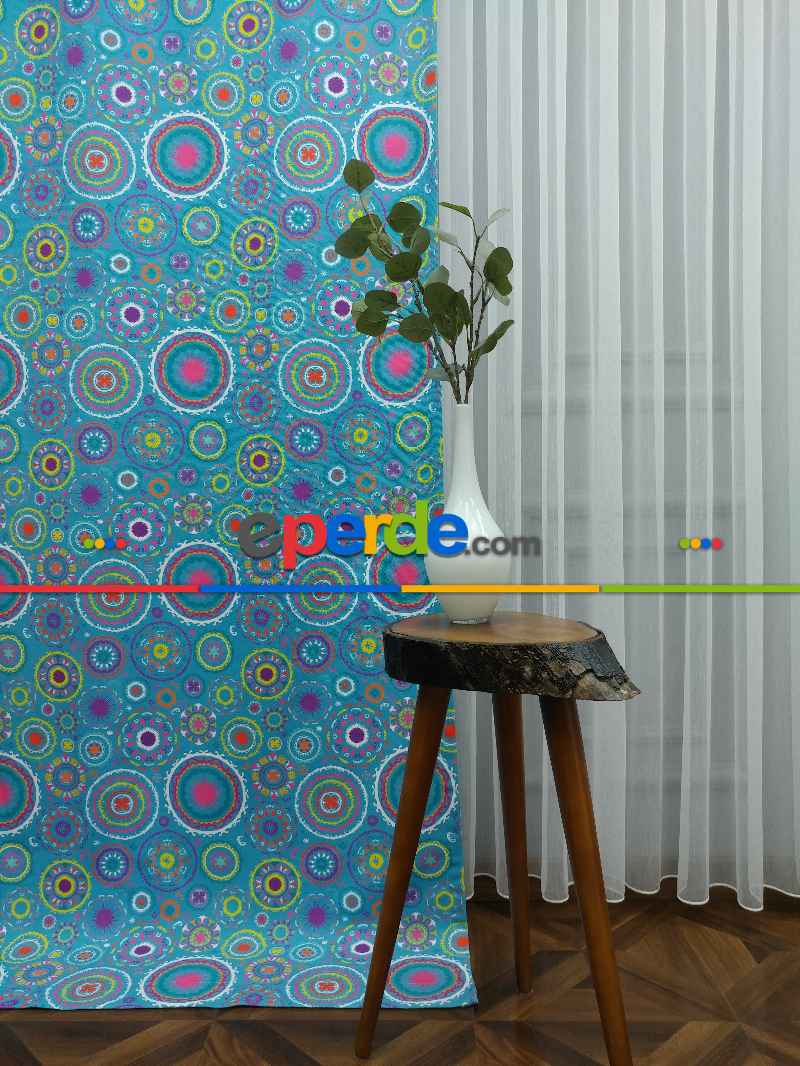 Osmanlı Mutfak Perdesi Kanat Fon Perde Desenli- Mavi