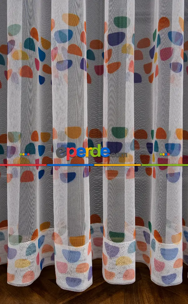 Petek Zemin Turuncu Ve Lacivert Renkli Geometrik Desenli Grek Baskılı Tül Perde