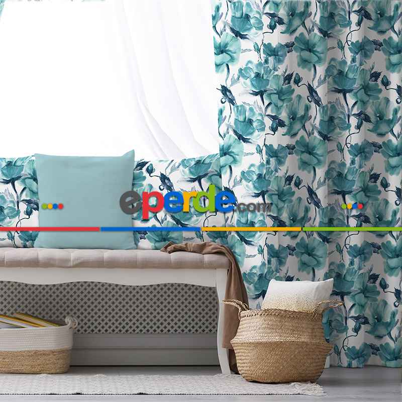 Oturma Odası Fon Perde Evim1557 Kumaşı Kalındır Duck Bezi Değildir- Mavi-beyaz