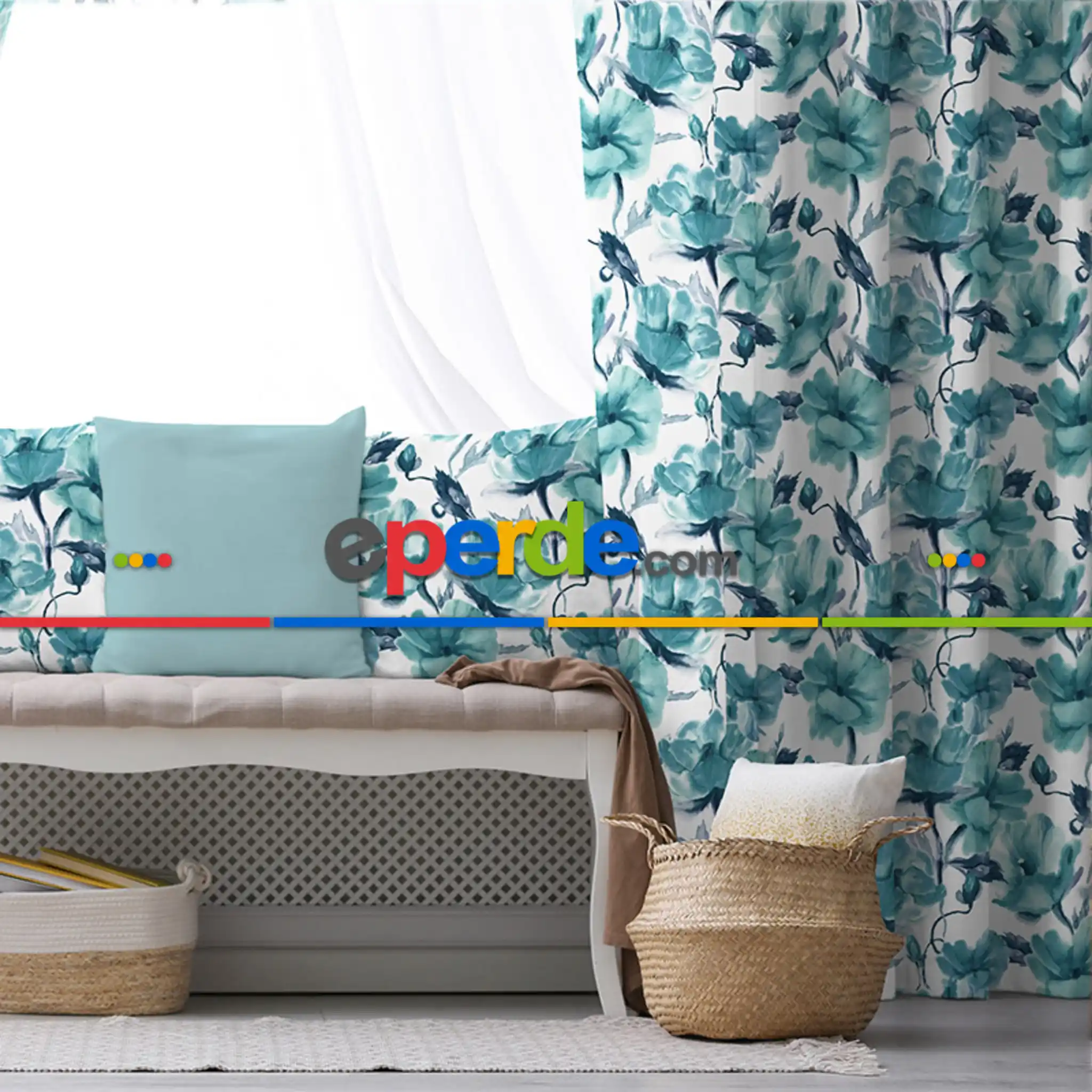 Oturma Odası Fon Perde Evim1557 Kumaşı Kalındır Duck Bezi Değildir- Mavi-beyaz