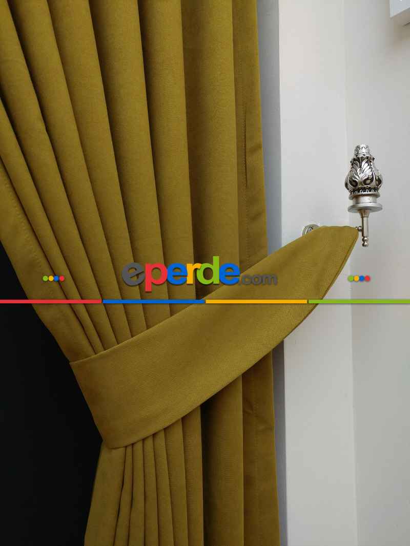 Düz Renk Dökümlü Fon Perde (150)- Hardal Yeşili