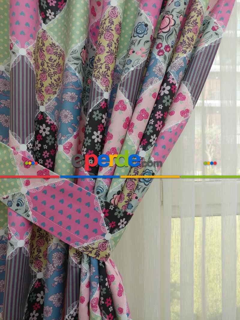 Patchwork Desenli Bebek Ve Çocuk Odası Fon Perde Modelleri- Beyaz-Pembe-Mor