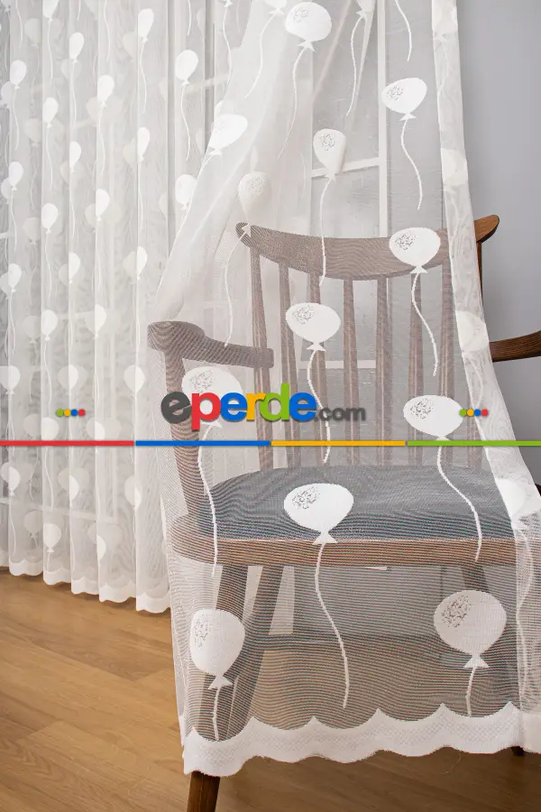 Bebek Odası -  Çocuk Odası Balon Desenli Örme Tül Perde