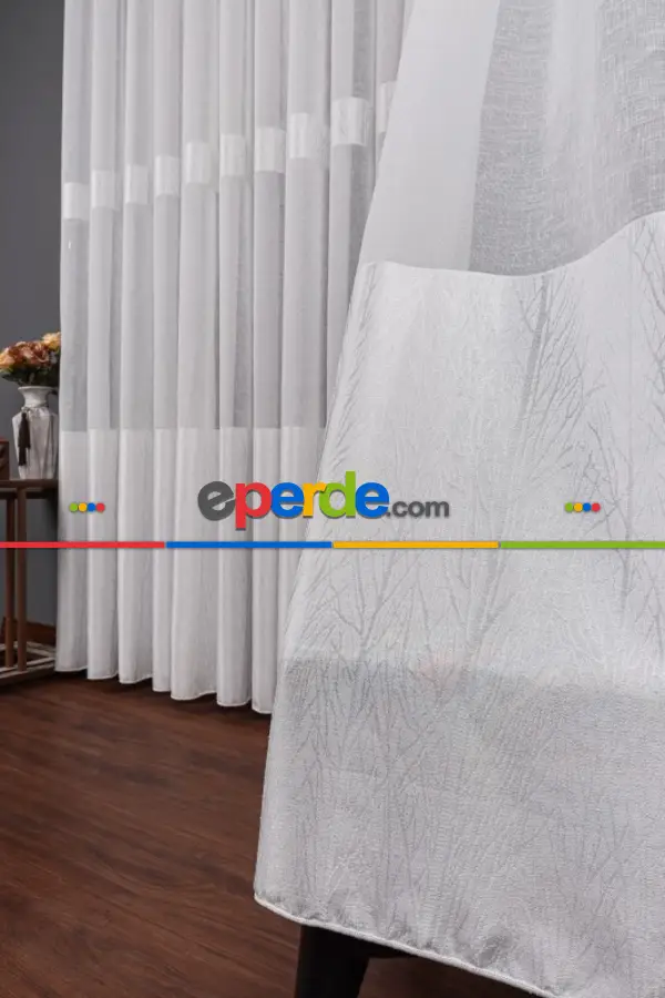 Salon Tül Modelleri - Keten Etek Dokuma Ekru Tül Perde