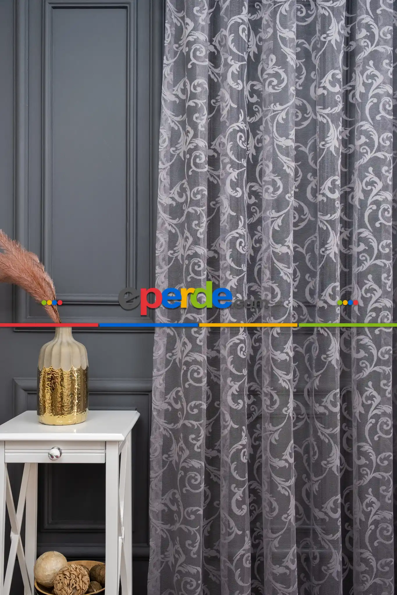 Sarmaşık Şal Desen Gri Füme Renk Desen Tasarım Tül