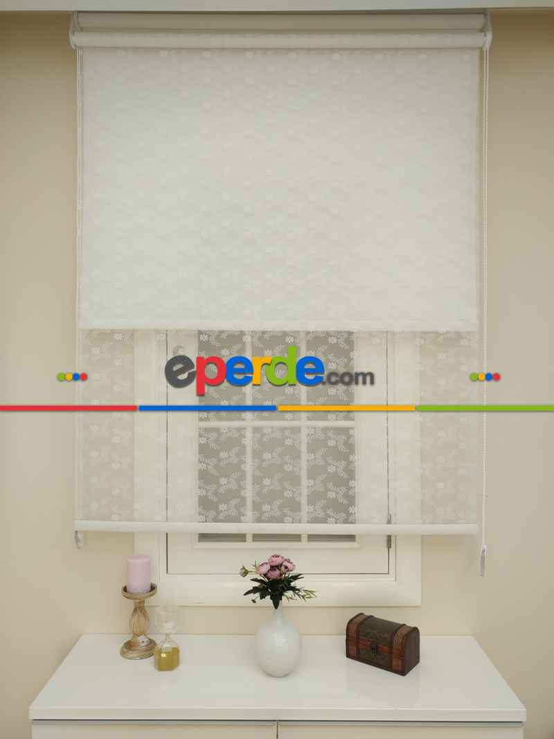 Jakar Örme Tül- Ekru Çiftli Sistem Dantel Desenli Perde- Ekru