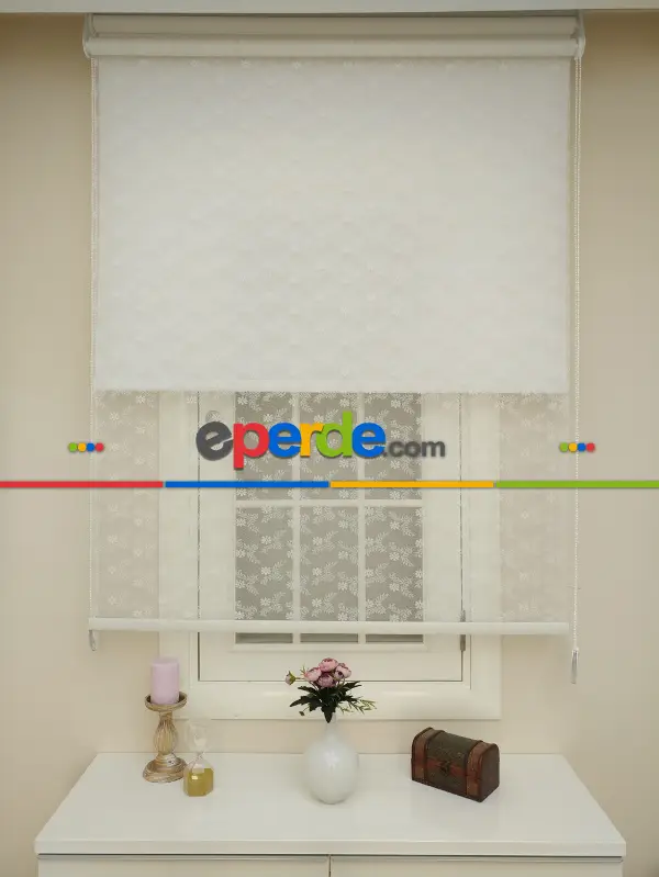 Jakar Örme Tül- Ekru Çiftli Sistem Dantel Desenli Perde- Ekru