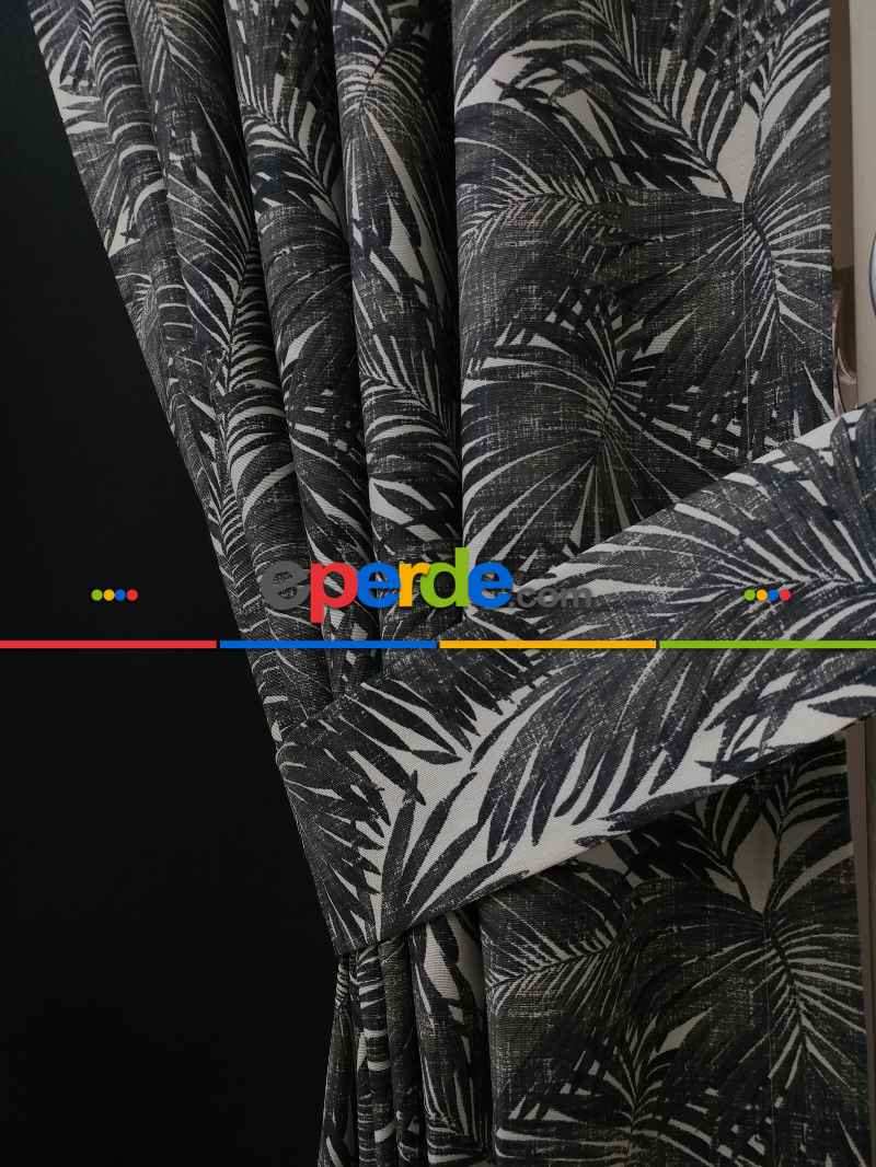 Tropikal Yaprak Desenli Fon Perde(leke Tutmaz)- Siyah-beyaz