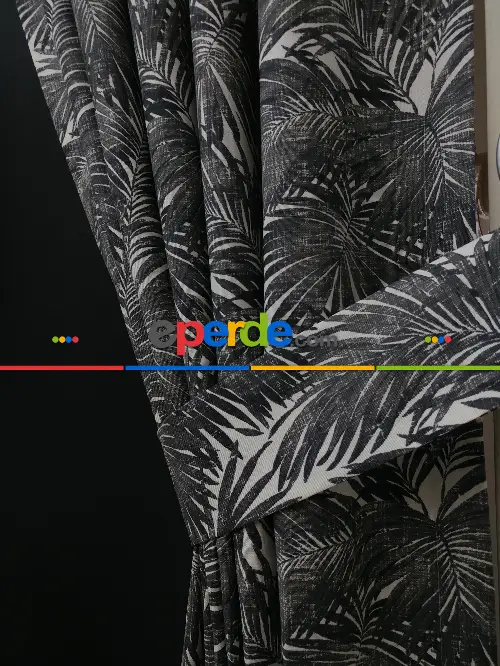 Tropikal Yaprak Desenli Fon Perde(leke Tutmaz)- Siyah-beyaz