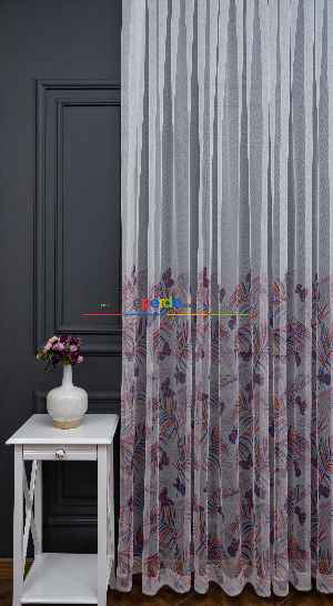 Hazır Ölçülü Petek Zemin Mor Turuncu Ve Mavi Renkli Yaprak - Kelebek Desenli Grek Baskılı Tül Perde