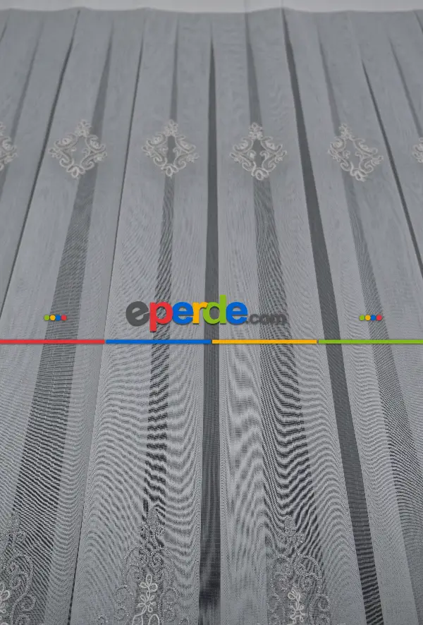 Oturma Odası - Alangart Nakışlı Tül Perde - Ekru - Gri