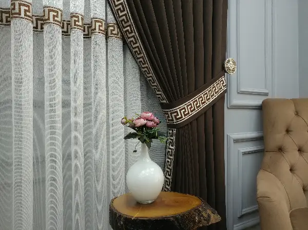 Modern Bordürlü Salon Fon Perdesi İkon 2021 Elıte- Krem Açık-kahve Venge-kahve