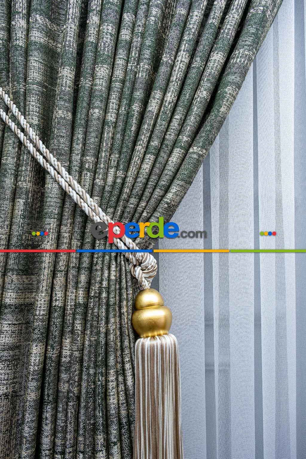 Patinedesenli Carmen Jakar Dokuma Fon Perde- Yeşil-bej