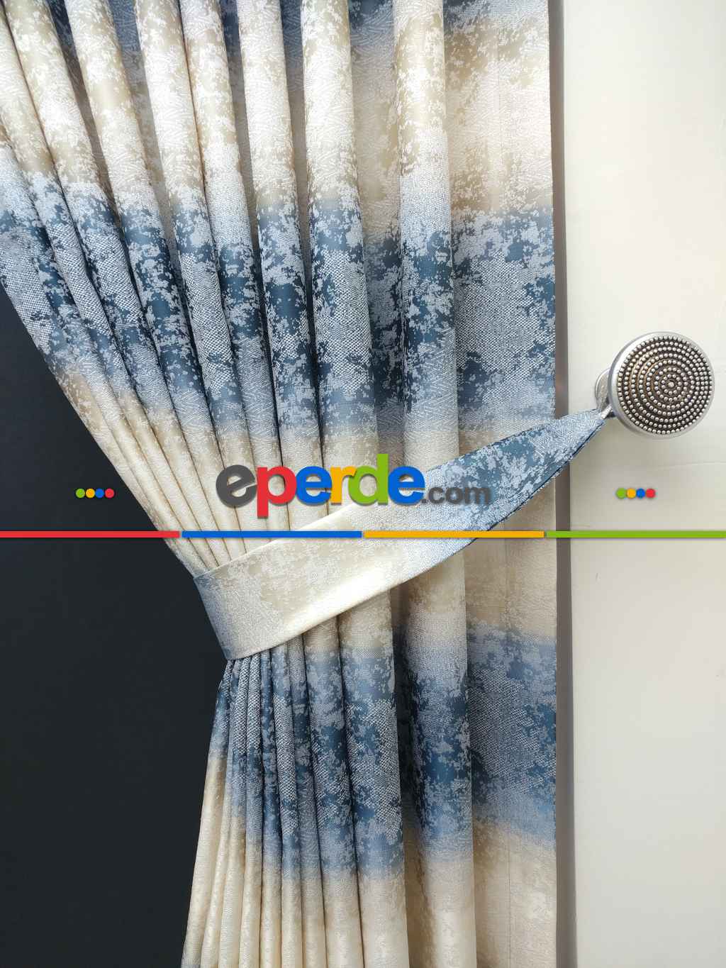 Patine Desenli Gökkuşagı Desenli Jakar Fon Perde Mavi Koyu