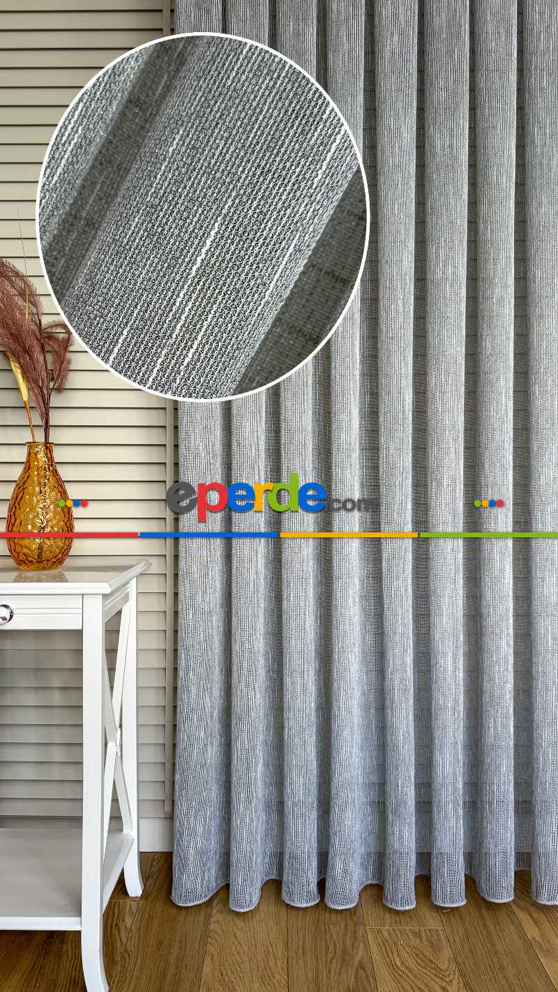 Mutfak Gri Şantuk Keten Tül Perde - Hafif Gümüş Simli - Ağır Gramajlı Premium