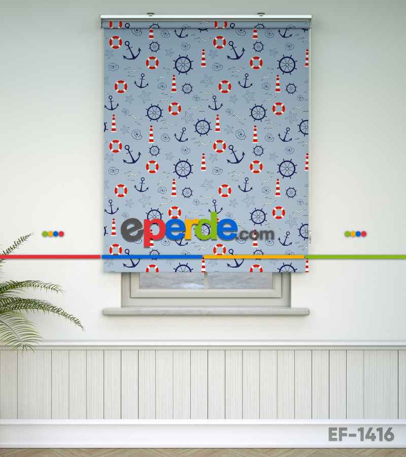 Çocuk Odası Stor Perde - Denizci Desenli Baskılı Stor Perde- Lacivert-Kırmızı