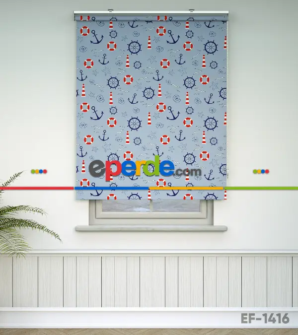 Denizci Desenli Baskılı Stor Perde- Lacivert-kırmızı-çok Renkli