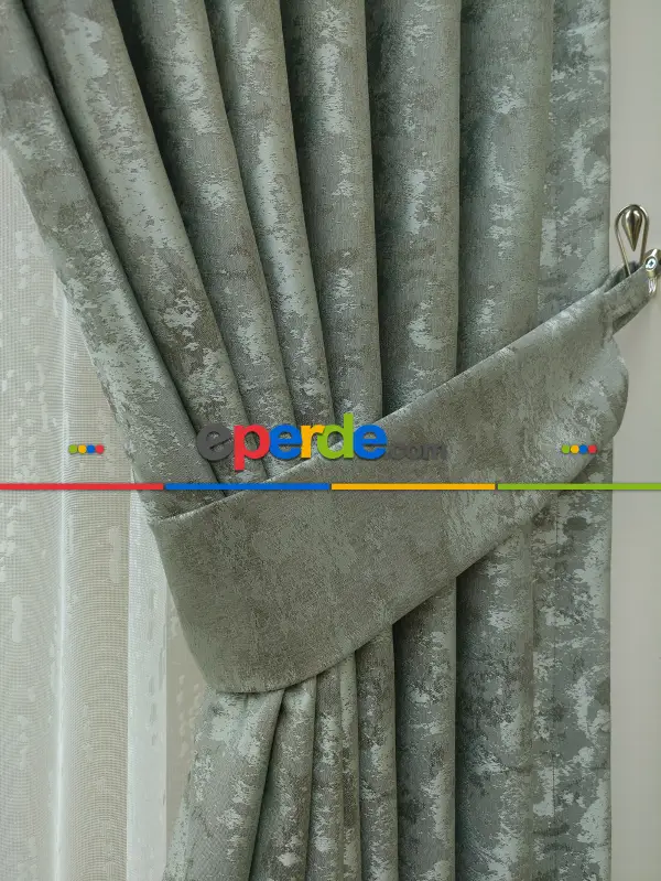 Patine Desenli Mint - Katyonik Jakar Fon Perde- Mint