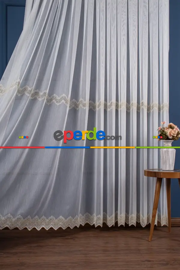 Ekru-altın Nakış İşlemeli Tül Perde