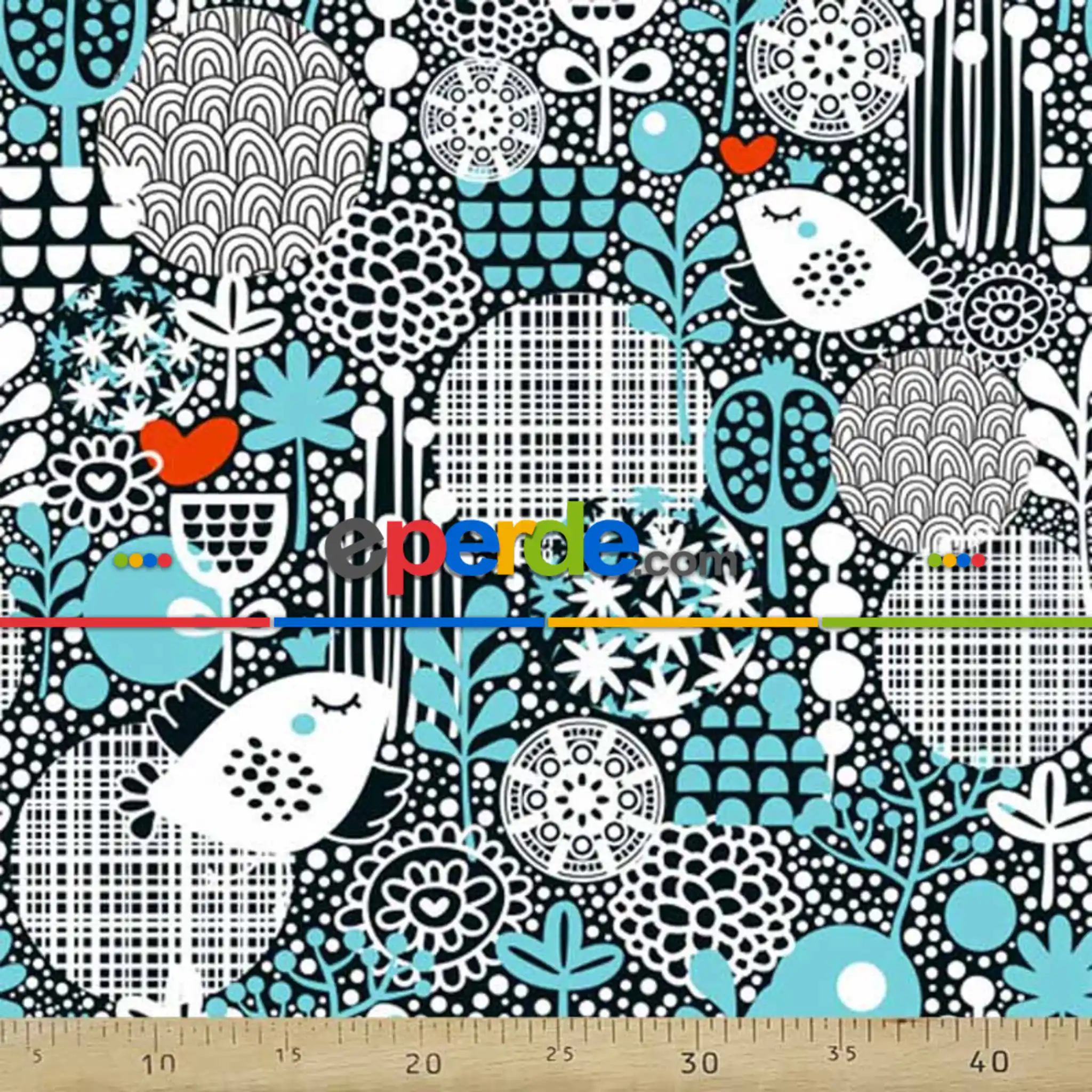 Kuş Desenli Fon Perde Evm1105 Kumaşı Kalındır Duck Bezi Değildir- Beyaz-Turkuaz