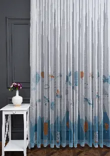 Petek Zemin Mavi Turuncu Renkli Uçan Balon Desenli Grek Baskılı Tül Perde