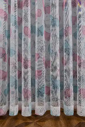 Çocuk Odası - Petek Zemin Açık Pembe Ve Mavi Renkli Kelebek Desenli Grek Baskılı Tül Perde