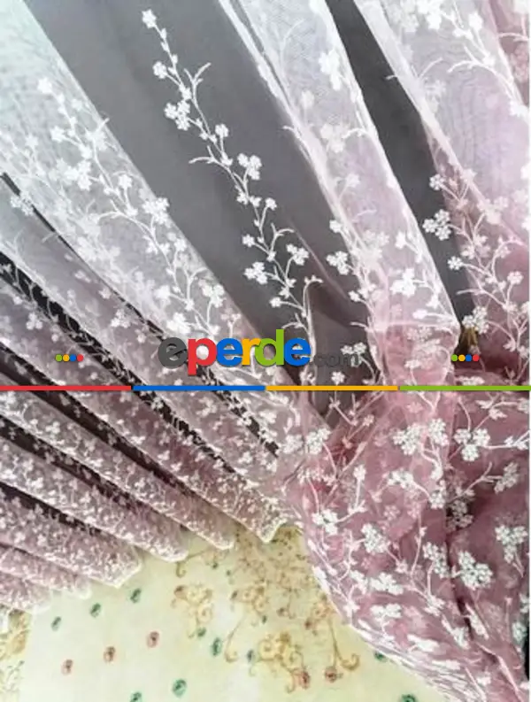 Salon Tül - Degrade İşlemeli Pembe Tül