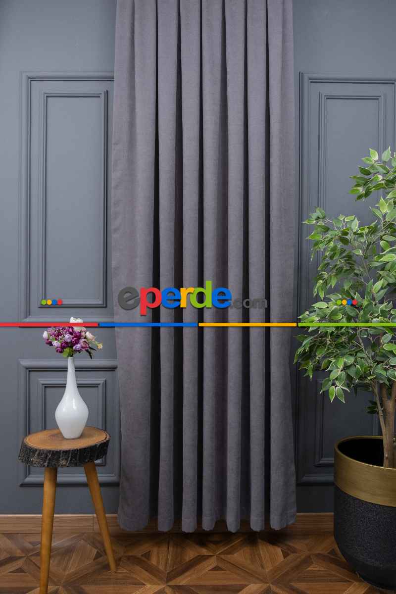 Salon - Koyu Gri Düz Fon Perde Dökümlü Fon Perde