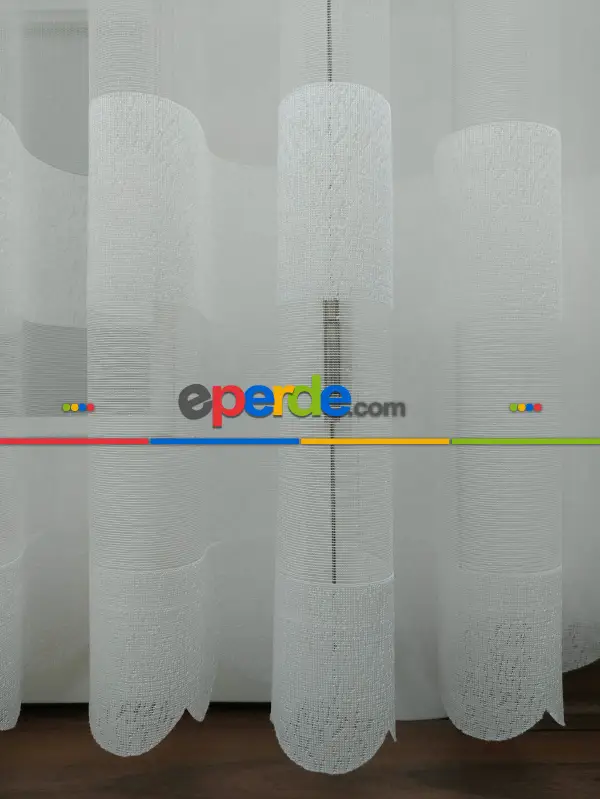 Salon Tül - Dantel Örme Ekru Düz Model Bantlı Tül Perde 2021 Ikon- Krem Açık