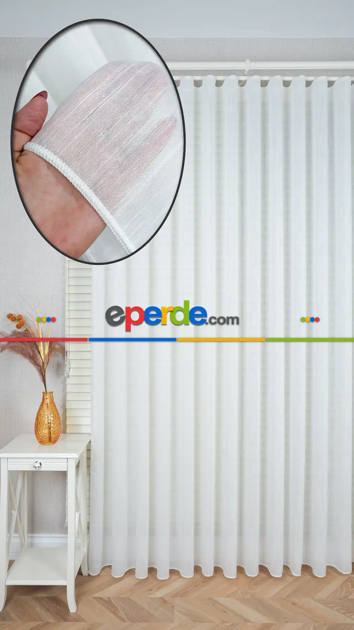 Ekru Renk Bambu Keten Tül Perde, Daha Gramajlı, Ütü İstemez, Premium Seri, Kurşunlu Etek