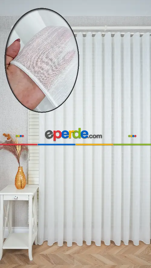 Ekru Bambu Keten Tül Perde, Daha Gramajlı, Ütü İstemez, Premium Seri, Kurşunlu Etek