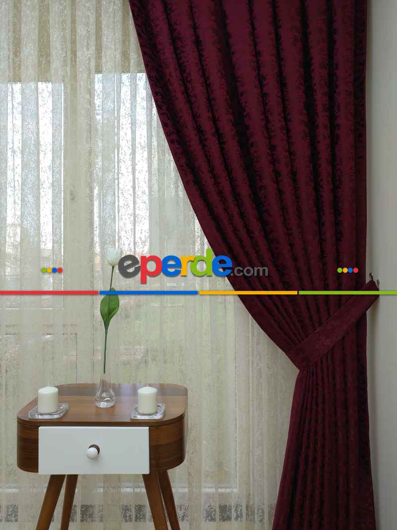 Bordo Düz Jakar Fon Perde - Bordo